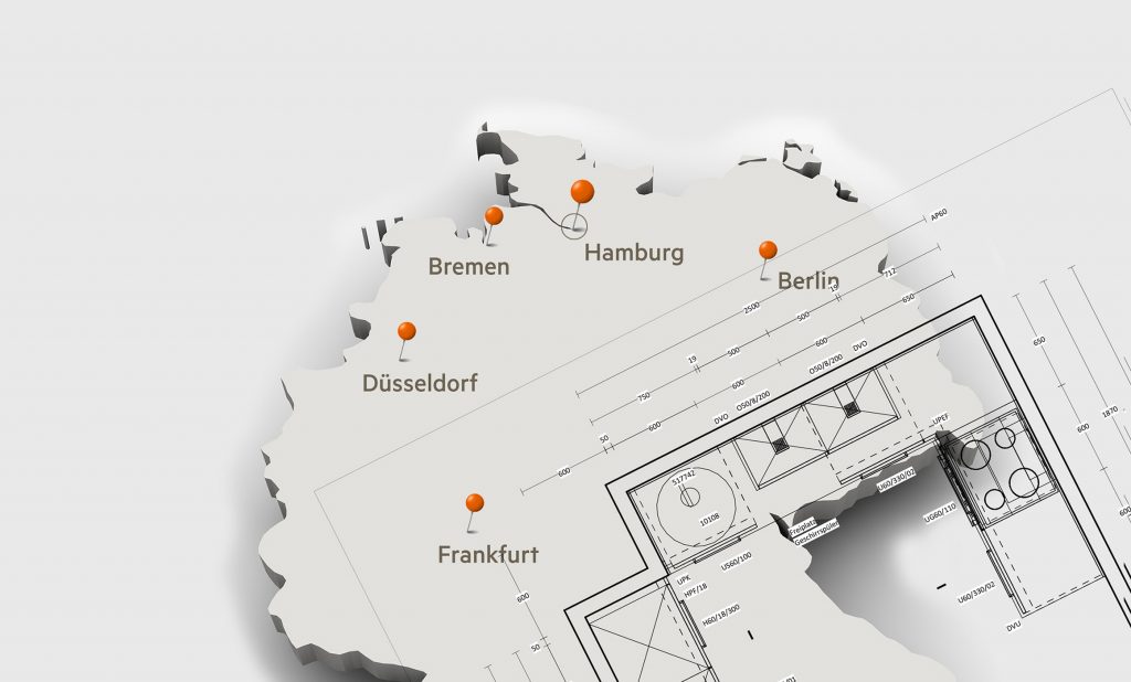 Weiße Deutschlandkarte mit Pins der Liefergebiete vom Hummel Küchenwerk. Darüber eine Grundrisszeichnung einer Küche.